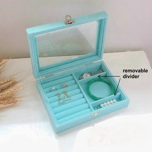 Reloj de terciopelo de madera azul con bisagras, brazalete, collar, anillo, pendiente, caja de almacenamiento, cuentas de cintura, caja de joyería, bandeja organizadora con tapa - Product Image 3