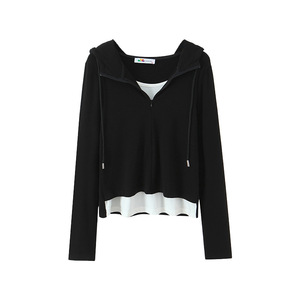 Sweat-shirt à capuche zippé tendance pour femme grande taille, noir, effet deux pièces, en viscose tricotée, haut décontracté de printemps N9490 - Product Image 1