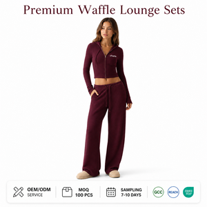 Charlo Women Premium Waffle <b>Lounge</b> Set Cropped Zip-up Hoodie <b>Wide</b>-<b>leg</b> <b>Pants</b> Textured Knit Wholesale Custom OEM Bulk - Product Image 1