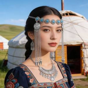 Cadena para la frente estilo étnico con microturquesa de imitación kazaja, borla de plata antigua, accesorio para el cabello, Xinjiang <span class=keywords><strong>Kashgar</strong></span> Travel - Product Image 1