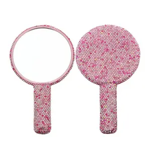 Mini specchio tascabile per il trucco portatile a basso MOQ con cuore rosa specchio per il trucco con etichetta privata con Glitter di diamanti Shinny da tavolo