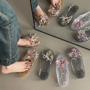 Chaussons pour femmes, chaussures plates à bout ouvert, chaussures transparentes, chaussures de plage, accessoires floraux, style mode extérieur, sac - Product Image 1