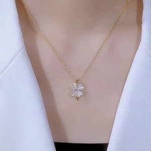 Four Leaf Clover Necklace Cat's Eye Stone <b>Titanium</b> Steel Clavicle <b>Chain</b> Gift Fashion Jewelry - Product Image 1
