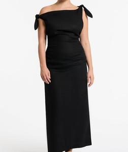 Vestido de lino favorito del cliente Vestidos de lino casuales de lino con cuello oblicuo de manga negra - Product Image 3