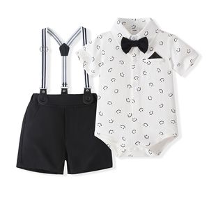 Ensemble de vêtements respirants pour bébé garçon, imprimé Smiley, body à manches courtes avec short à bretelles pour les activités quotidiennes d'été des tout-petits - Product Image 6