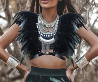 Ensemble de costumes de spectacle de festival, cape d'épaule en plumes noires, jupe à franges brodée pour les spectacles de danse tribale de carnaval, unisexe