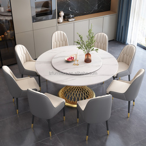 Ensemble de tables à manger rondes contemporaines avec plateau en dalle de roche, base en cage métallique dorée, 6 chaises rembourrées, meubles pour la maison, le restaurant, la villa - Product Image 2