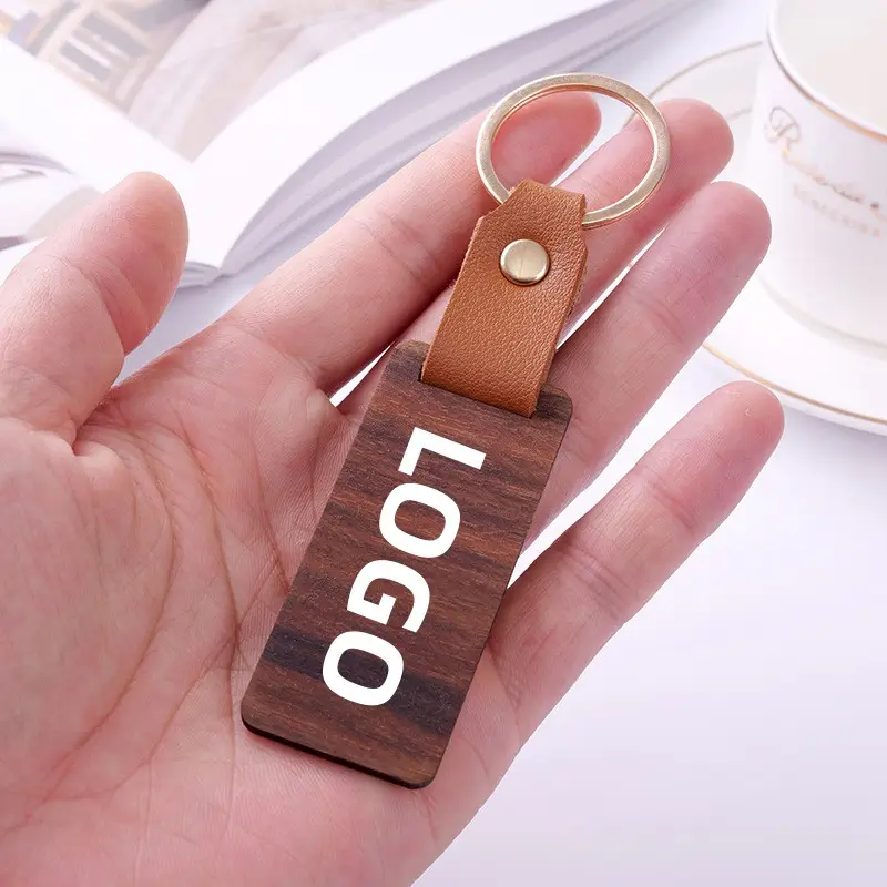 Kreative schwarze Walnuss Holz Schlüssel bund personal isierte Telefon halter PU Leder Holz Schlüssel anhänger