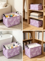 Panier de rangement pliable moderne en tissu imprimé papillons blancs et violets avec poignées noires pour la maison, la chambre, les jouets et les vêtements