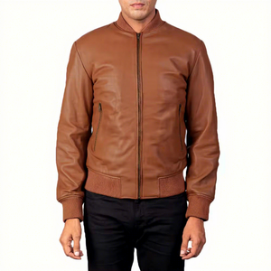 <b>Mens</b> Real Tan <b>Leather</b> Bomber <b>Jacket</b> Ribbed Collar Zipper Side Pockets Sheepskin Cognac Flight Coat Custom Brown Winter Outerwear - Product Image 1