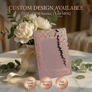 Cartes d'invitation <span class=keywords><strong>de</strong></span> mariage personnalisées découpées sur mesure, motif glycine, violet poudré, feuille d'or rose, suite florale, vente en gros OEM - Product Image 4