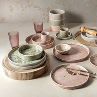 Assiette de table en céramique commerciale empilable, unifiée, tournée au four, en porcelaine rose et verte
