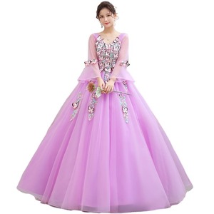 Purple Chiffon Ball Gown Scoop Neck Empire Waist Floral Print Long Evening Dress For Women - Product Image 5