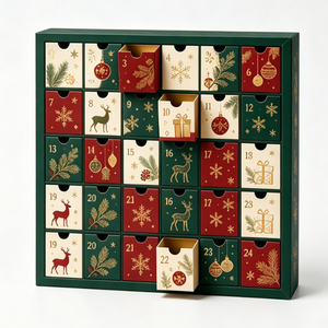 Calendrier de l'Avent de Noël en carton réutilisable avec 24 tiroirs surprise, estampage à chaud doré et motifs personnalisés - Product Image 1