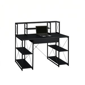 Escritorio de Oficina Negro con Estantes Abiertos y Mueble Superior, Diseño Industrial Moderno para Espacio de Trabajo - Product Image 1