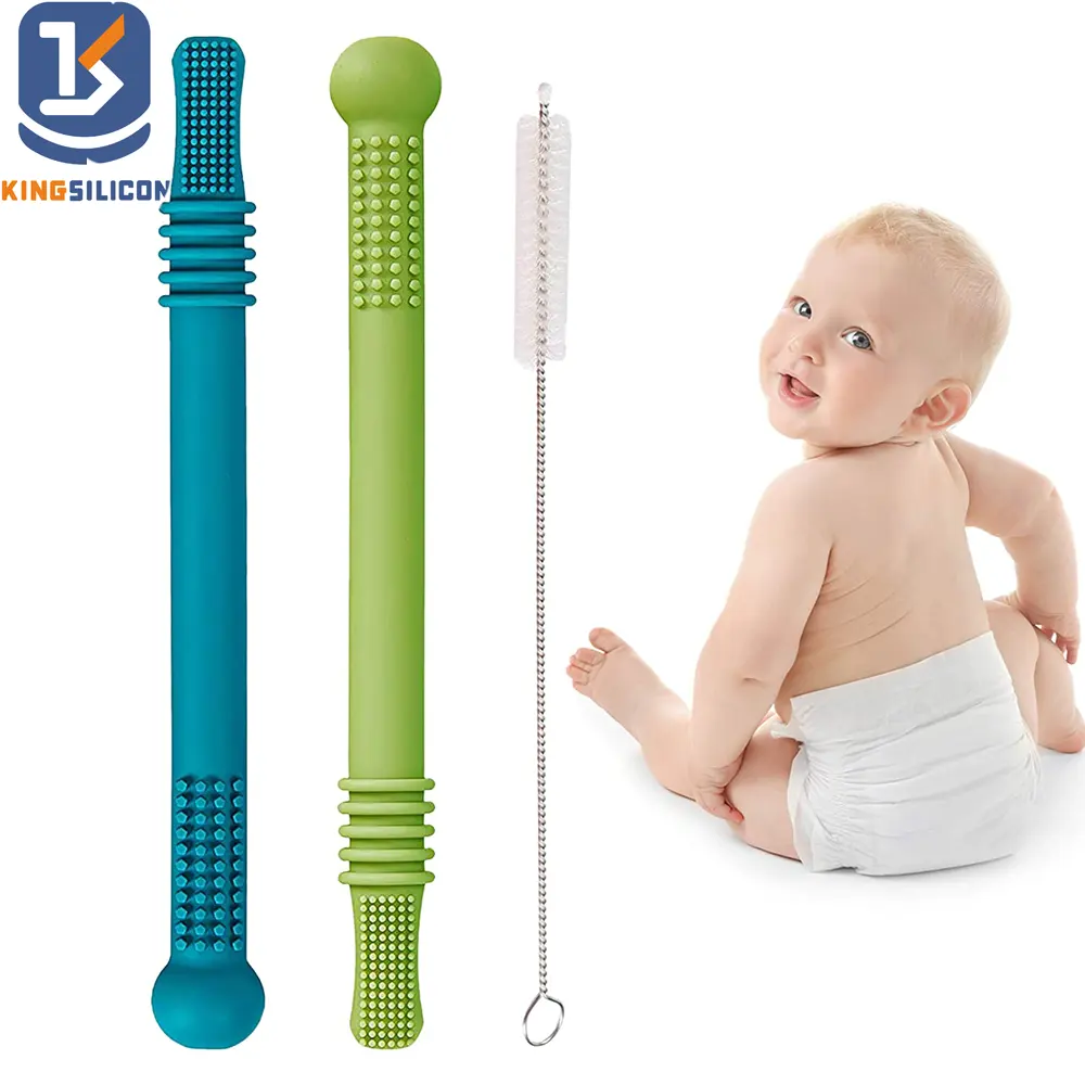 Freezable Infant Chew Straw Tube Teether Toy Silicone Baby Teething Tubes with a Cleaning Brush