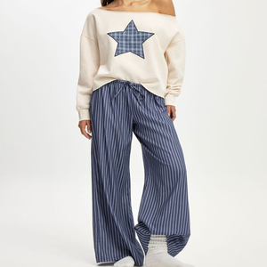 Ensemble de pyjama en coton respirant pour femmes, sans bretelles, à manches longues, imprimé étoiles, avec taille élastique, pantalon à <span class=keywords><strong>jambes</strong></span> larges, vêtements de nuit décontractés - Product Image 1