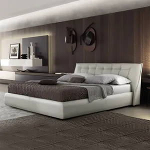 Italian Leather Light Luxury Bed Simple Wooden Bedroom Furniture Stitching Designer Model Double Beds