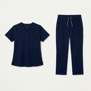 Unisex Navy Blue 100% Cotton <b>Scrub</b> Set Knitted Fabric Professional Hospital Use <b>Scrub</b> <b>Top</b> Featuring V-neck Practical Pockets - Product Image 4