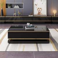Juego de sofás de lujo, muebles para sala de estar, mesa de centro rectangular negra con almacenamiento, 4 cajones, mesa central superior de vidrio templado