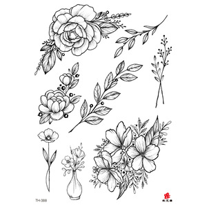 Autocollant de tatouage temporaire à transfert d'eau motif fleur personnalisé, encre noire, design d'art corporel, vente en gros - Product Image 5