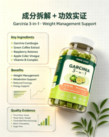 Gomitas de Garcinia 3 en 1 OEM, Caramelos de Café Verde y Cetonas de Frambuesa, Suplementos de Belleza para Adultos - Beneficios Dotex, 90 Unidades