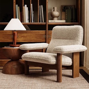 Hotel Lounge Chair Solid Wood Oak Cream Lamb Wool Upholstery Indoor Study Room Chair - Product Image 5