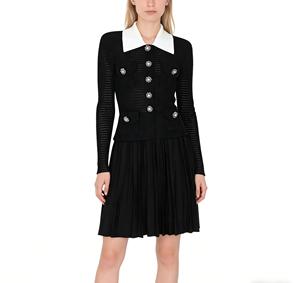 Robe courte en tricot crochet de luxe pour femmes avec boutons en strass et col <span class=keywords><strong>Peter</strong></span> Pan contrastant - Product Image 1