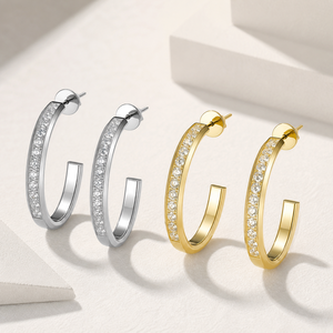 <b>Large</b> <b>Stone</b> Set Half Hoop Earrings Stainless Steel 14K Gold Vacuum Plated Post Back Gold Silver Variants - Product Image 1