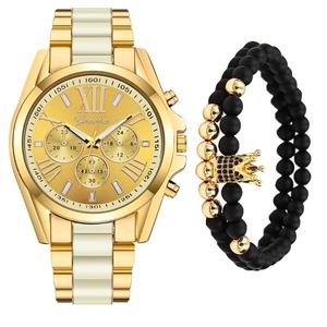 Reloj de acero inoxidable dorado para hombre, con esfera romana, subesferas decorativas, pulsera, set de regalo para hombre - Product Image 3