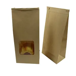 Saco de embalagem de papel Kraft marrom para pão com janela de plástico OPP, logotipo personalizado à prova de graxa de qualidade alimentar