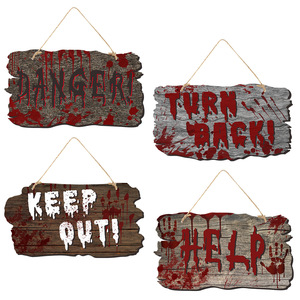 Panneau de porte d'Halloween imitation bois avec empreinte de main ensanglantée, étiquette en papier à suspendre pour maison hantée, décoration effrayante, décoration d'Halloween - Product Image 1