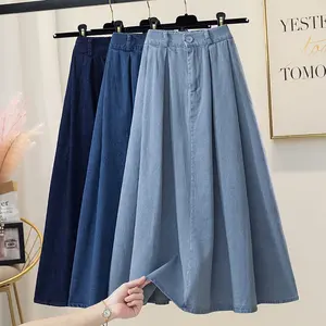 Long Denim Skirt Women Vintage High Waist Patchwork Pencil Long Jean Skirt Side Split Denim Skirt
