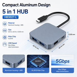 Hub <span class=keywords><strong>USB</strong></span> C A 5 en 1 en aluminium, 5 Gbps, 2 ports hôte doubles vers 3 <span class=keywords><strong>USB</strong></span> 3.0, 2 ports Type C, avec port de charge 5V 4A pour ordinateur portable - Product Image 1