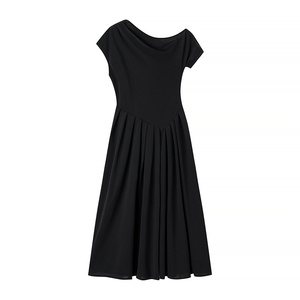 Femmes New <span class=keywords><strong>Chic</strong></span> Fashion Round Slanted Shoulder Big Swing MIDI Dress Vintage Short Sleeve Female Dresses Robe Mujer - Product Image 2