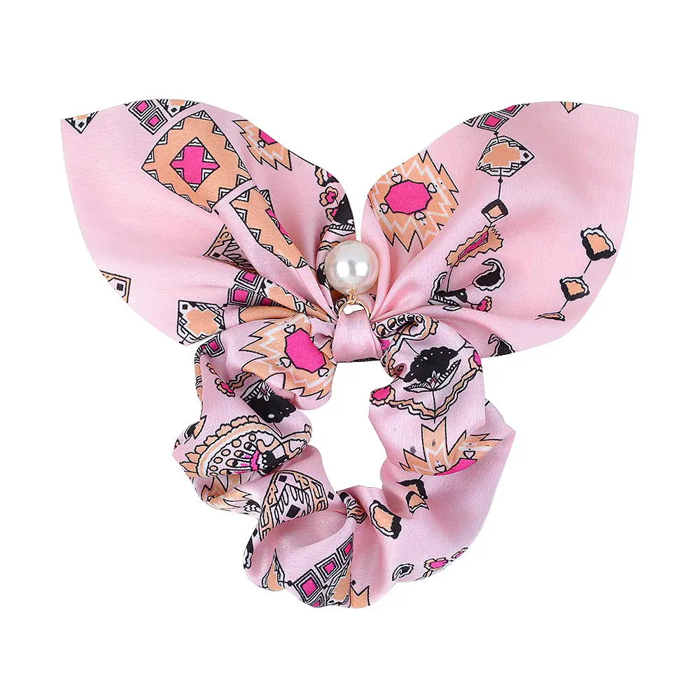 XiaoMei Bow-knot Hair Scarves Scrunchies Pearl Pendant Hair Ties Silk Satin Chiffon Scrunchies Ponytails Chain Pattern Head Rope