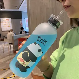 1000ML 플라스틱 만화 곰 팬더 스포츠 물병 짚