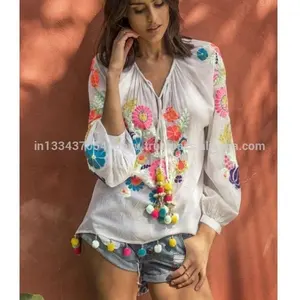 Vestido de Fiesta sin Mangas con Bordado Floral Bohemio, Adorno de Pompones, Corte Holgado, Algodón Blanco, Moda Mexicana, Cuello en V, Mini Vestido para Mujer - Product Image 1