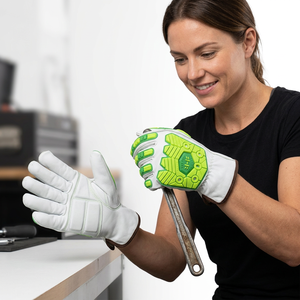 Gants de travail en cuir PU blanc avec embouts et paume antidérapants verts, poignet élastique, gants de sécurité polyvalents - Product Image 2
