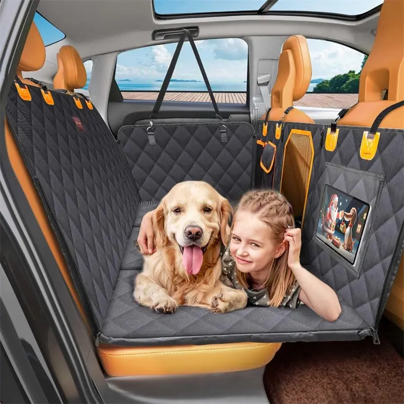 100% Waterproof Hard Bottom board Dog Car Seat Cover Non Inflatable Dog Bed for Car Backseat for Cars Trucks and SUVs