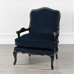 Poltrone Bergere antiche in stile francese classico in velluto blu reale in legno massello nero