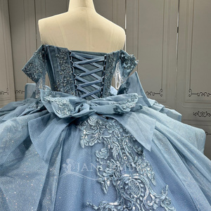 Vestido de Quinceañera Largo hasta el Suelo con Cola de Capilla, Modelo Lsmu176, en Satén Moderno con Estampado Azul para Adolescentes, Jancember - Product Image 6