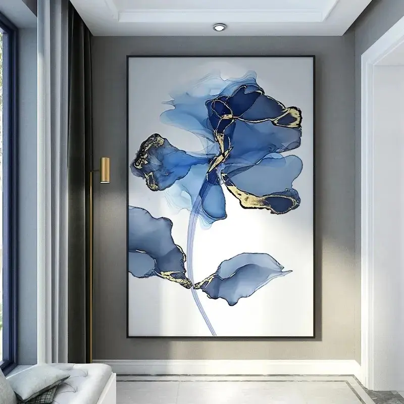 Pintura al óleo abstracta de flores doradas y azules, impresión en lienzo, arte de pared de flores decorativas interiores nórdicas modernas para el hogar
