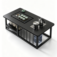 Table à thé Kung Fu noire avec bouilloire électrique intelligente et plateau de drainage, table basse en métal noir avec rangement pour salon et bureau