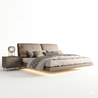 Lit Double Rembourré Moderne de Luxe en Cuir Véritable avec Cadre Flottant, Éclairage LED Intelligent et Design Minimaliste, Taille King pour Chambre Parentale