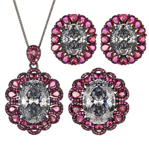 Juego de Joyería Vintage Ecológico de Cobre y Oro con Circonita Cúbica Negra y Gris de 13*18-10*12mm, Collar, Pendientes y Anillo para Boda, Uso Diario y Fiestas - Product Image 1
