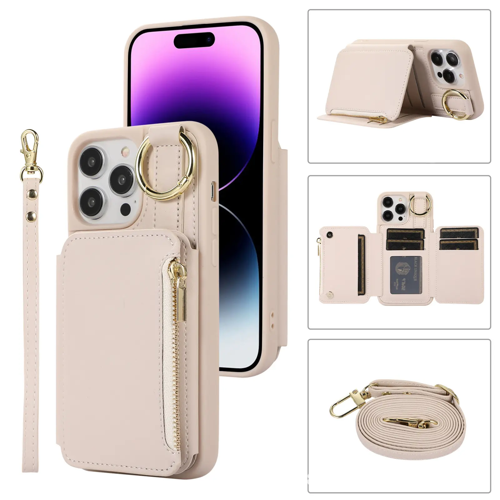 Nouveau cordon suspendu étui en cuir multi-cartes pour iPhone 13 15 12 14Plus/pro/promax