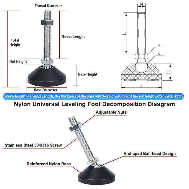 Kaki Dapat Disesuaikan Universal M8 Kaki Perataan Putar Kaki Furnitur Baja Tahan Karat 304 dengan Dasar Nilon Dia 50Mm