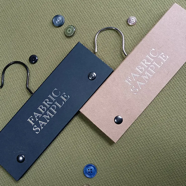 Custom Logo Recycled Textile Fabric Swatches Cardboard Luxury Paper Hanger Header Cards with Metal Hook