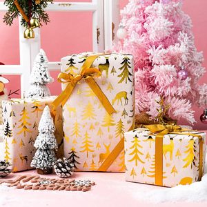 Yarcony Kraft Christmas <b>Wrapping</b> <b>Paper</b> Ivory Gold Foil Tree Deer Theme 17 In X 33 Ft Roll Gift Craft Recyclable - Product Image 2